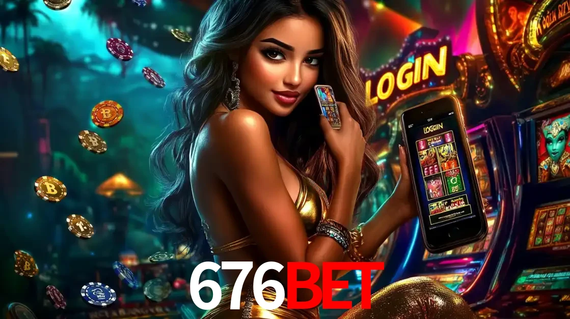 Mulher em um cenário de cassino temático de aventura, mostrando o app de caça-níqueis da 676bet no celular. Fichas de apostas flutuam ao redor.